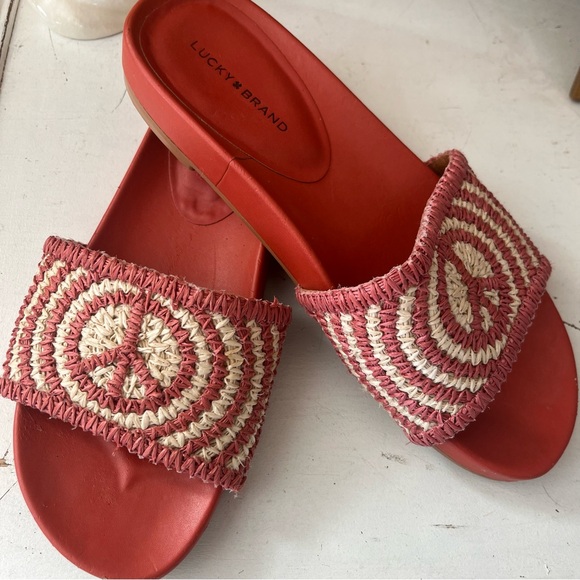 Lucky Brand Shoes - Lucky Brand Pepperika Coral and Cream Woven Peace Slide Sandals